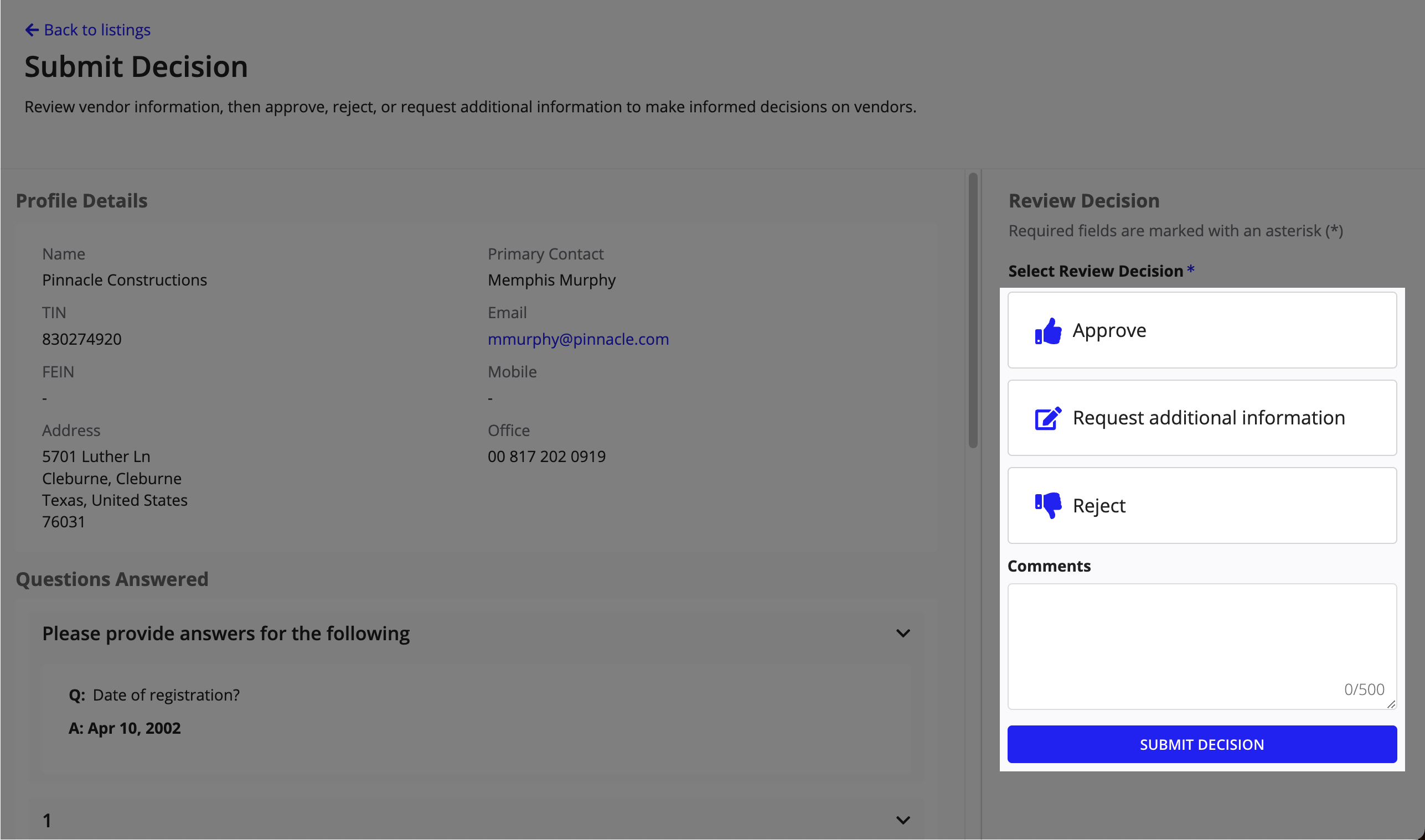 The Submit Decision page showing the vendor's Profile Details and Questions Answered sections for review before approving, rejecting, or requesting additional information.