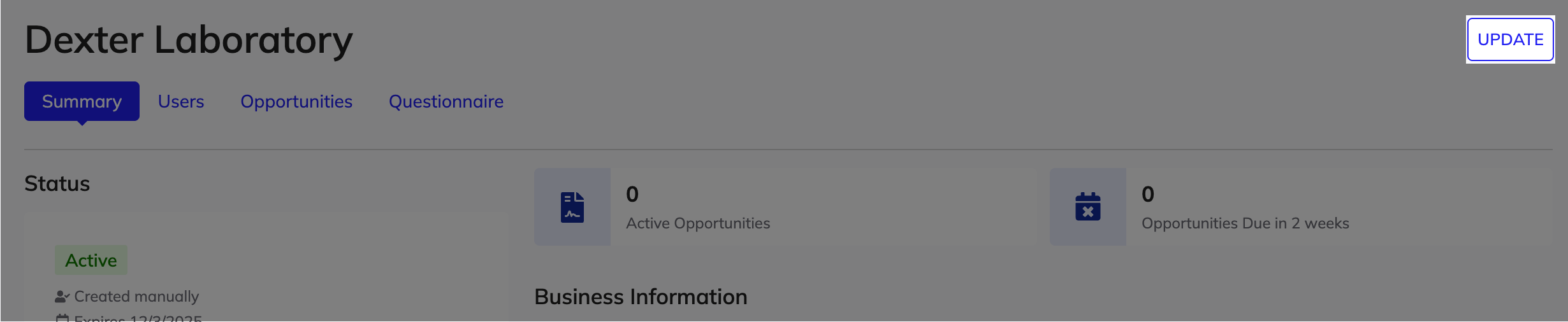 The vendor profile Summary tab with the UPDATE button highlighted to edit the vendor's information.
