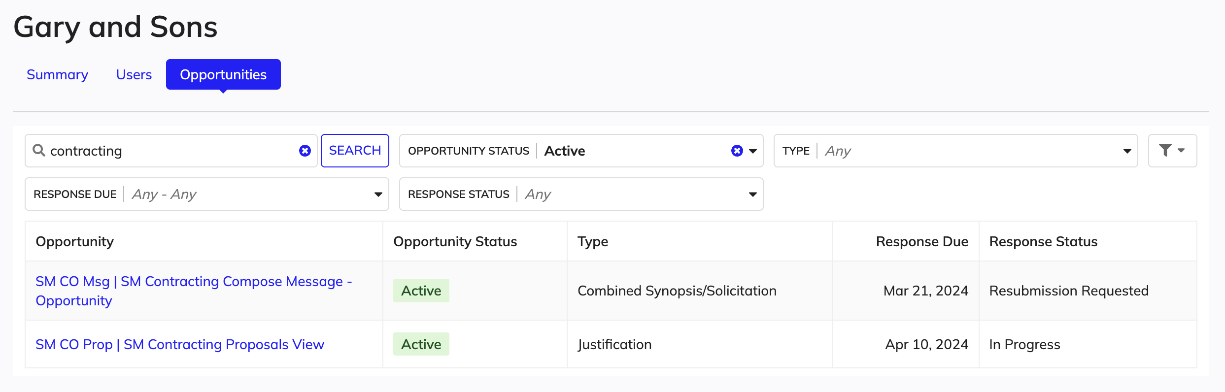 Opportunities tab in the vendor profile summary view.