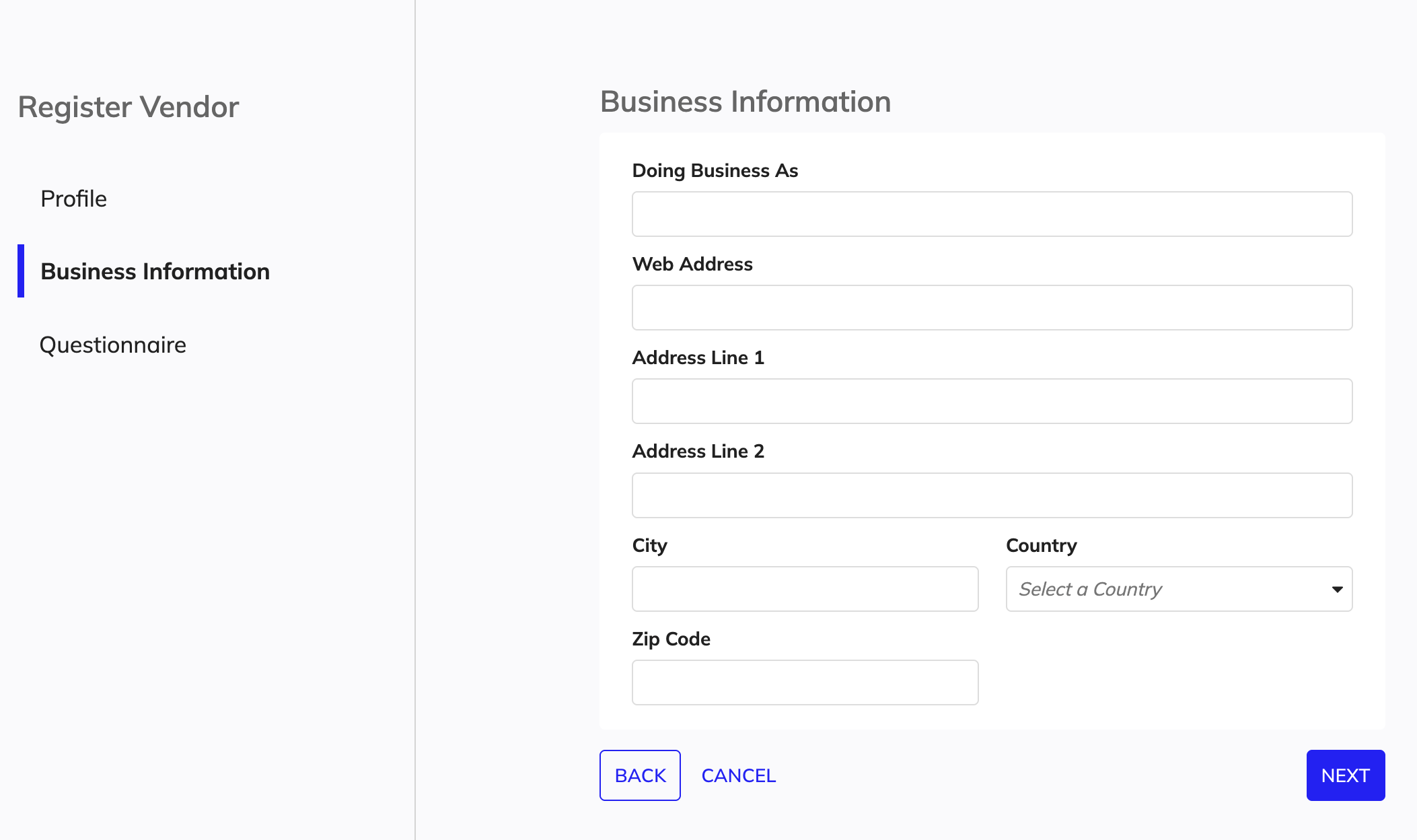 Business information section in Register Vendor wizard.