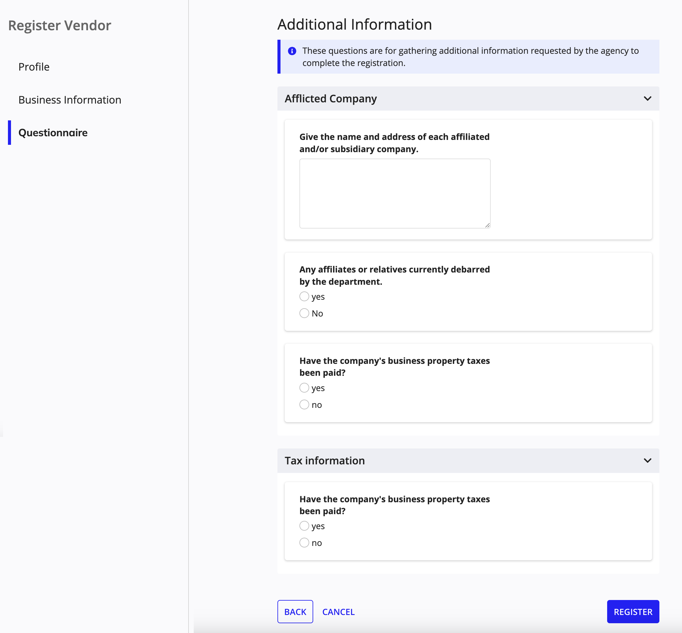 Questionnaire section in Register Vendor wizard.