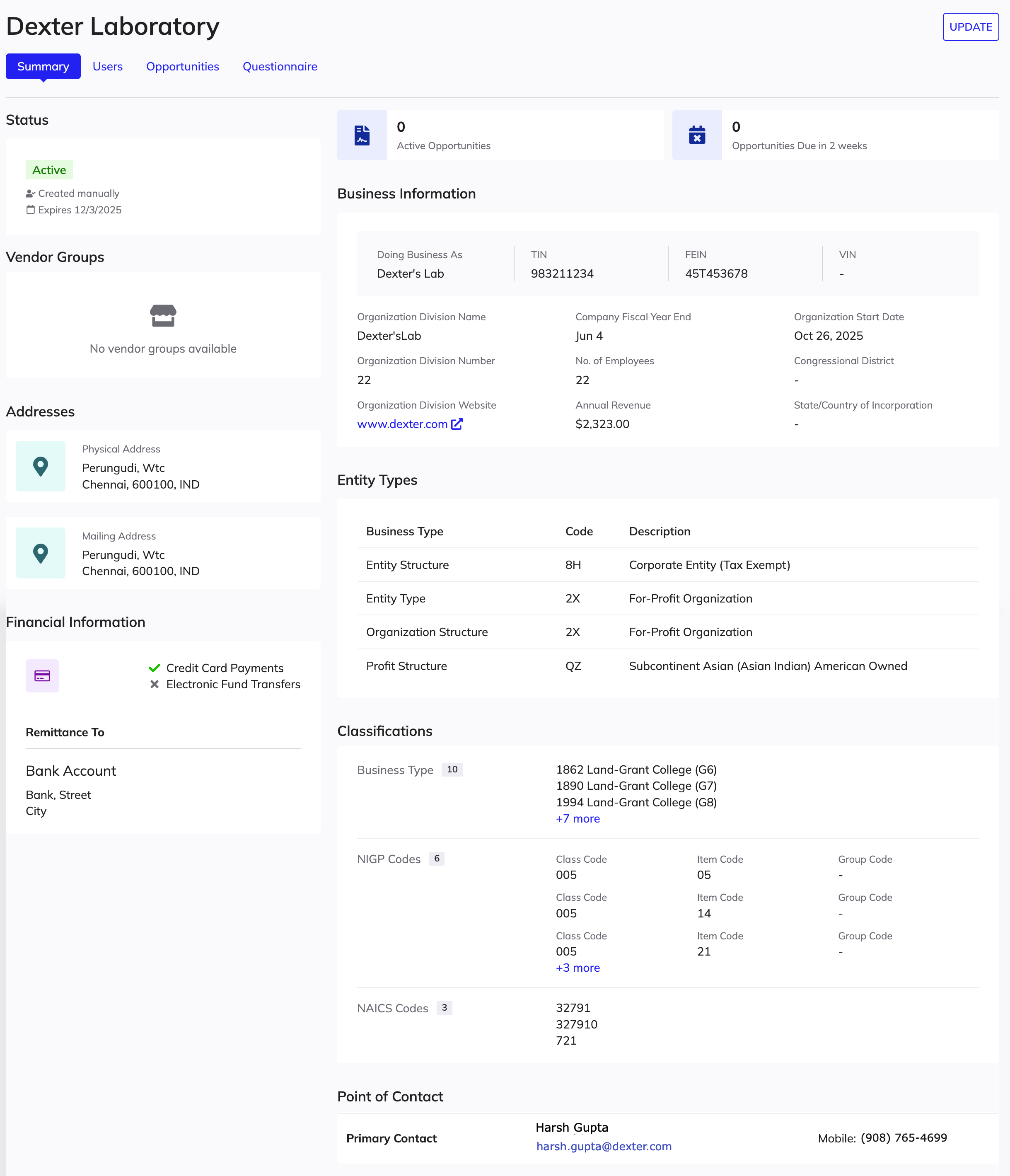 Vendor profile summary view.