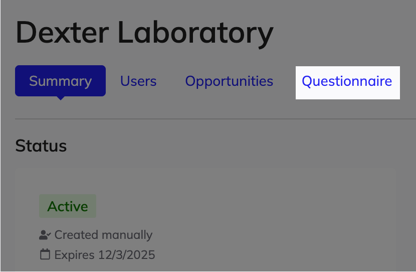 The Questionnaire tab in an approved vendor's profile showing the vendor's responses provided during registration.