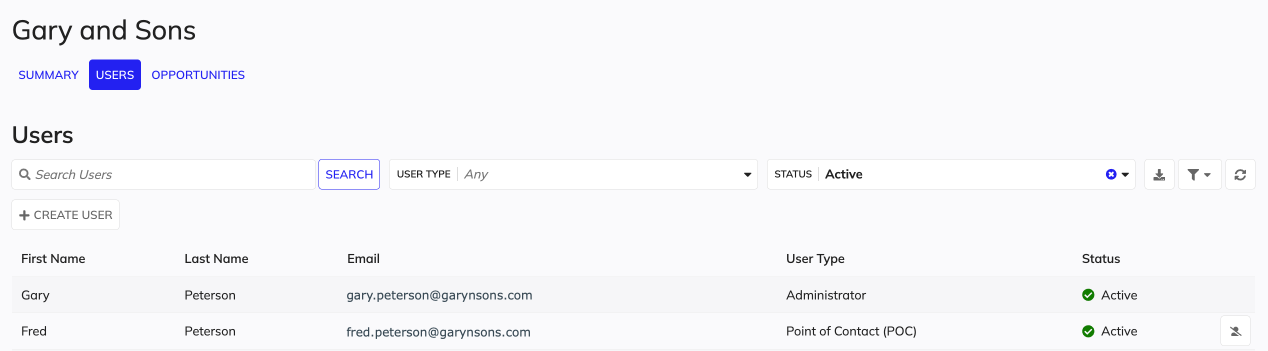 Users tab in the vendor profile summary view.