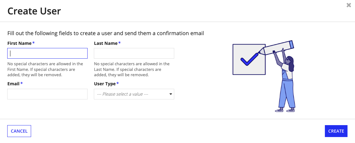 The Create User dialog with fields for First Name, Last Name, Email, and User Type to add a new user to a vendor profile.