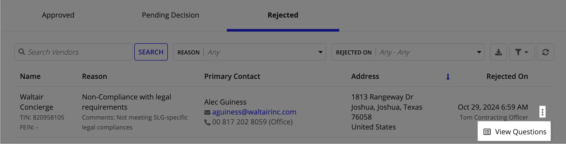 The Rejected tab showing the vertical ellipsis menu with the View Questions option to see a rejected vendor's questionnaire responses.