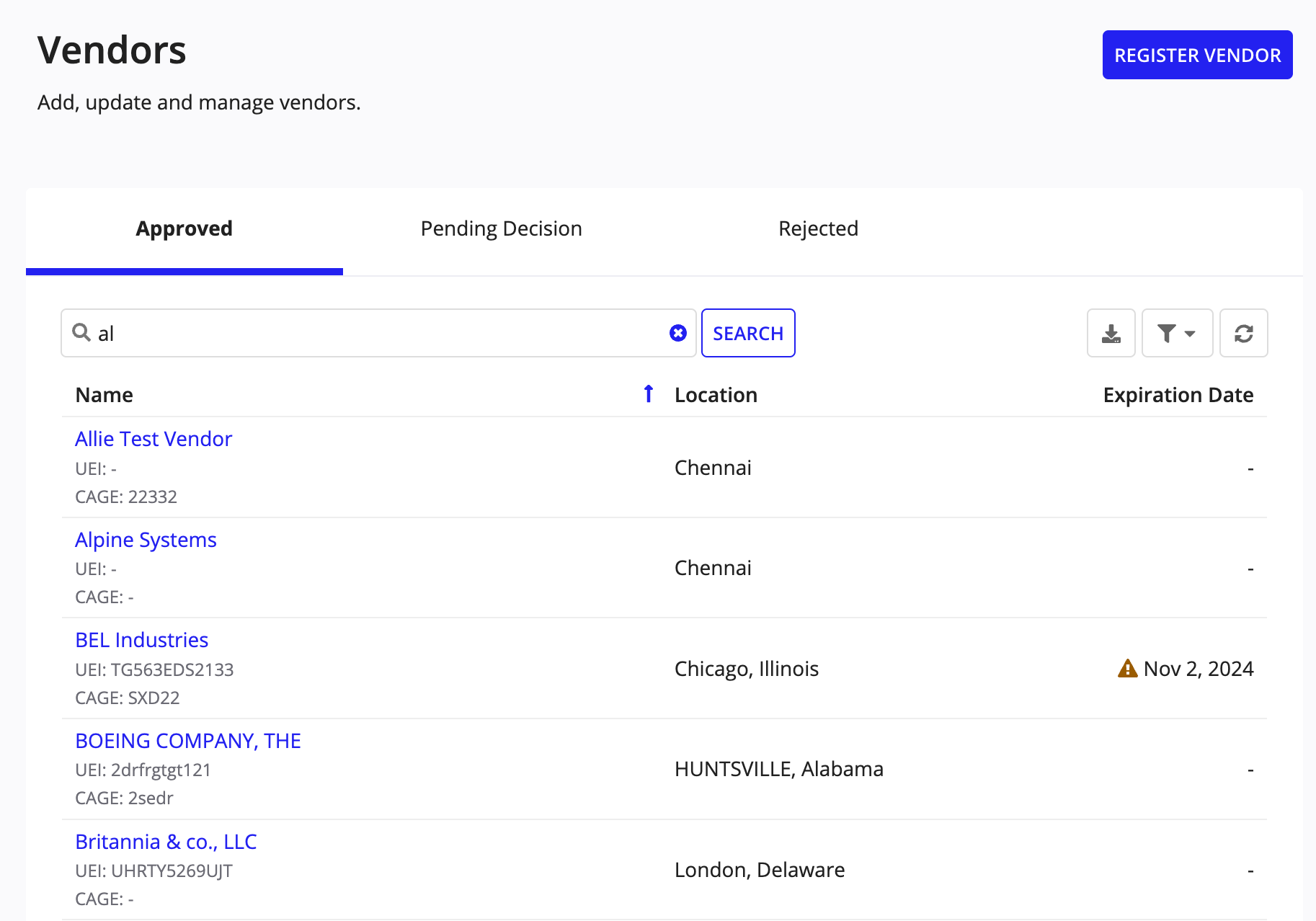 The Approved tab on the Vendors page showing a list of vendors with approved registrations.