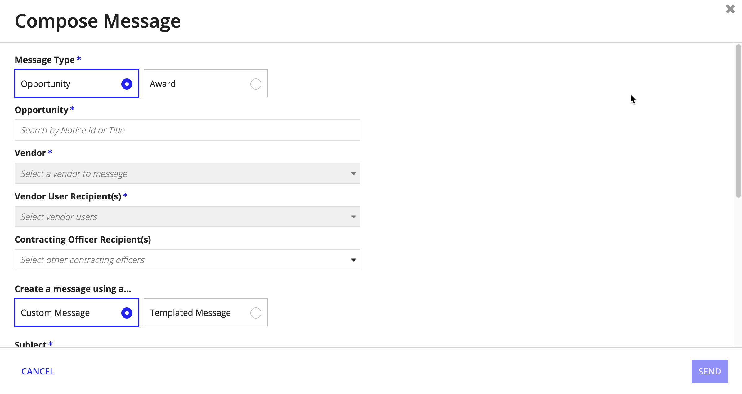 The Compose Message form with fields for Message Type, Opportunity, Vendor, Recipients, Template, Subject, Message body, and Attachments.