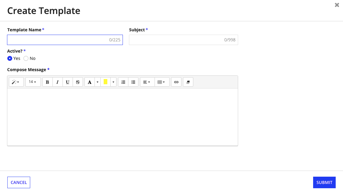 The Create Template form with fields for template name, subject, active status, and message body.