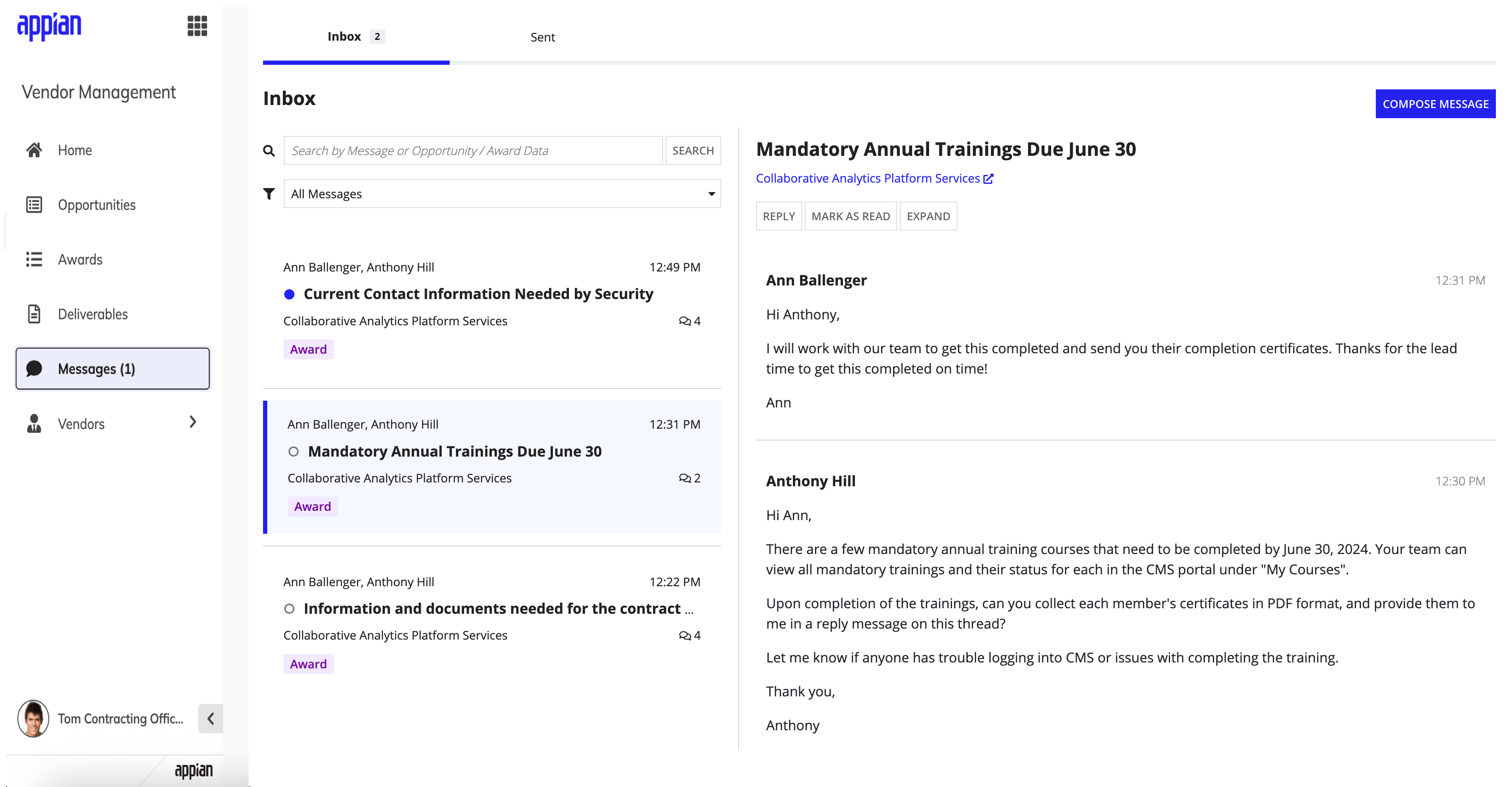 Contracting staff inbox in Vendor Management