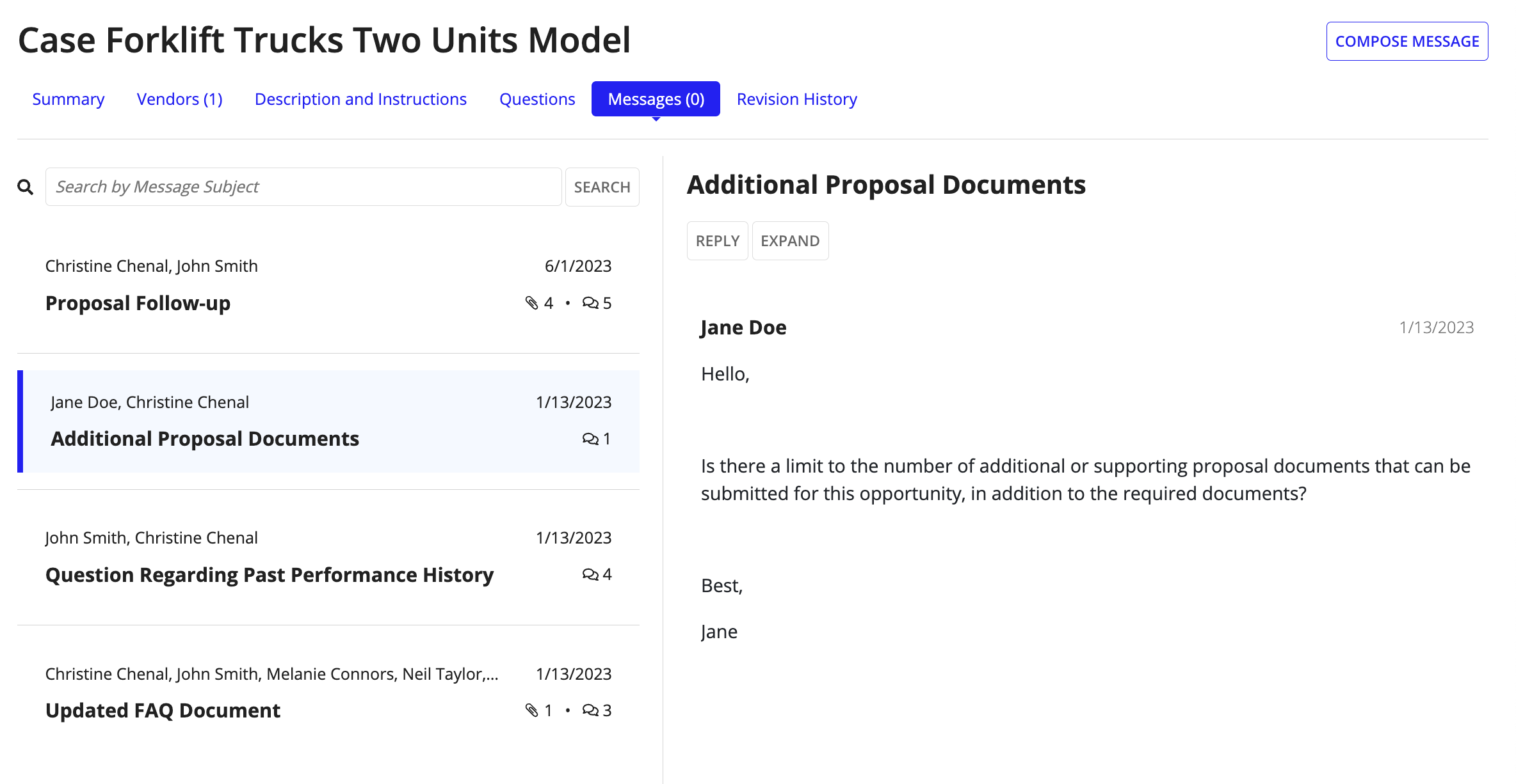 The Messages tab in the Opportunity Summary view showing message threads between vendors and contracting officers for the associated opportunity.