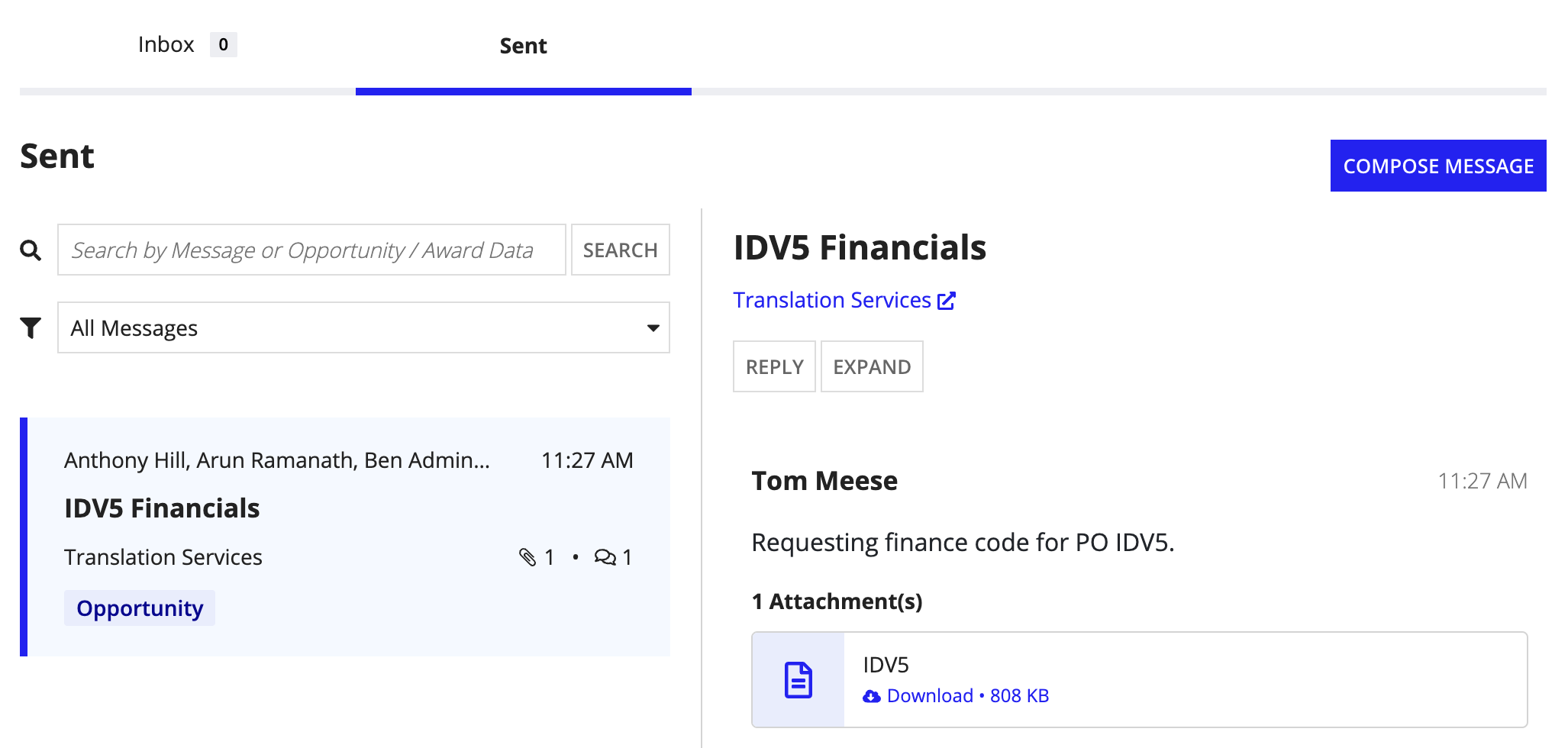 The Sent tab displaying sent message threads with the most recent threads appearing first.
