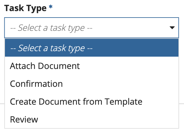 The Task Type dropdown list in the VM interface showing example values that can be customized in the reference data tables.