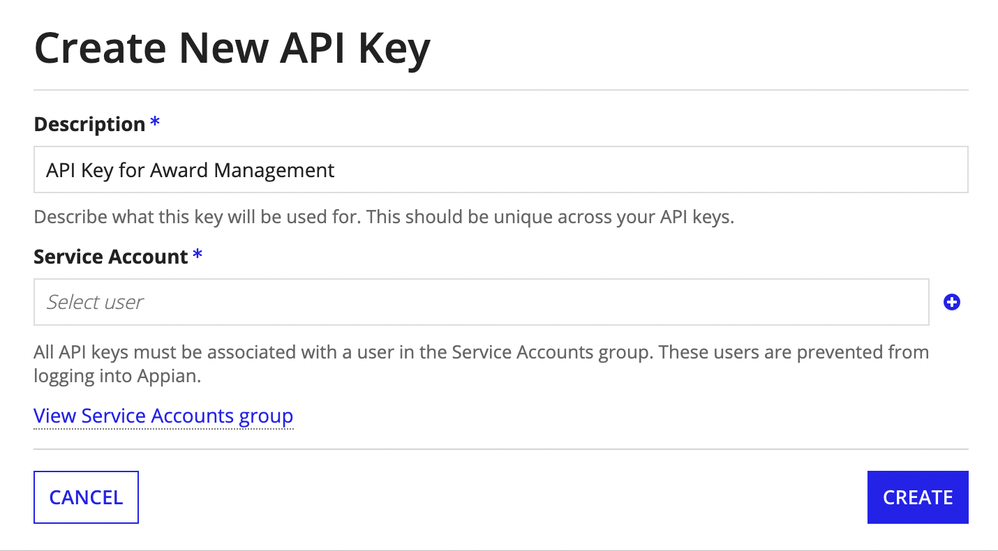 The Create New API Key dialog in the Admin Console's Web API Authentication page, with the CREATE button highlighted to generate a new API key.