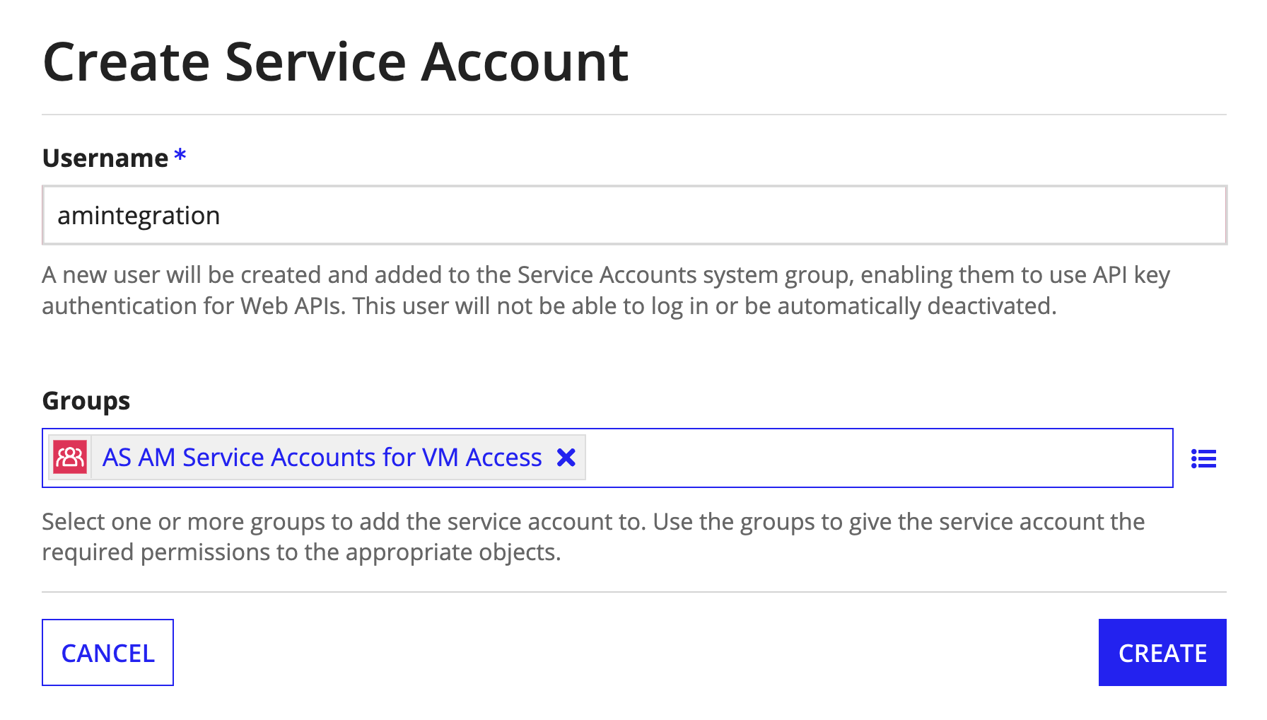 The Create Service Account dialog with the Username field set to amintegration.