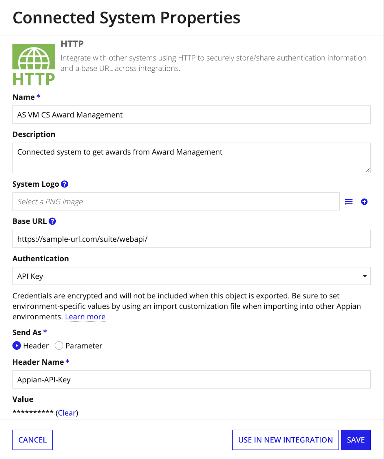 The Award Management connected system configuration page showing the Value field for the API key and the Base URL field for the Award Management environment.