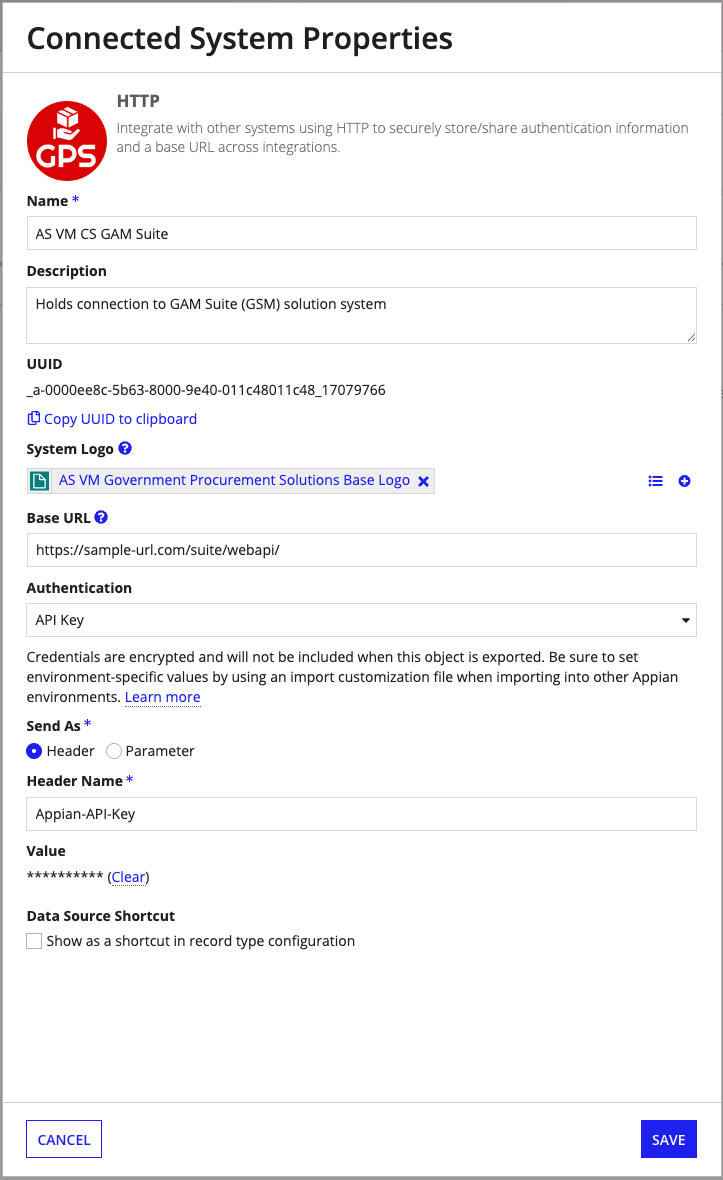 The GAM Suite connected system configuration page showing the Value field for the API key and the Base URL field for the GAM Acquisition Central environment.