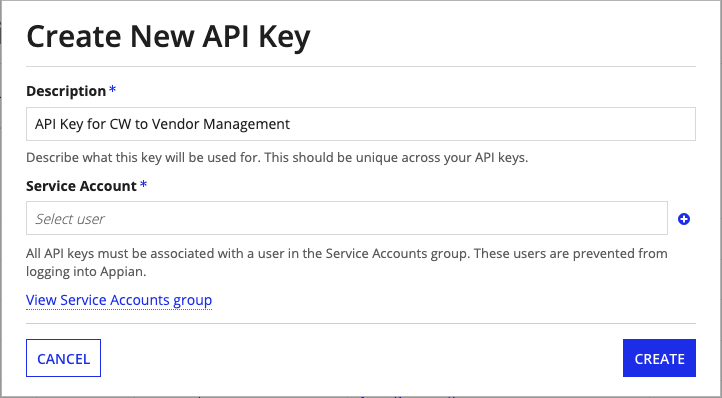 The Create New API Key dialog in the Admin Console's Web API Authentication page, with the CREATE button highlighted to generate a new API key for the GCW integration.