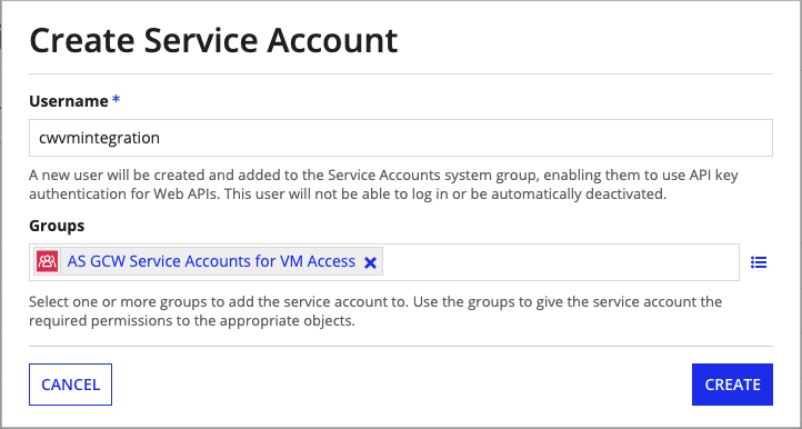 The Create Service Account dialog with the Username field set to cwvmintegration.