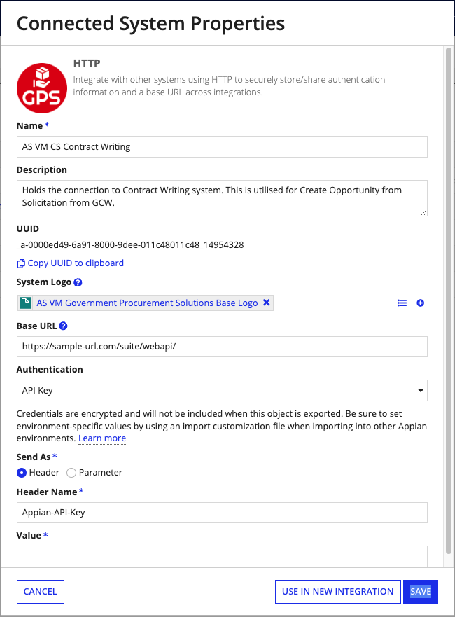 The Contract Writing connected system configuration page showing the Value field for the API key and the Base URL field for the Contract Writing environment.