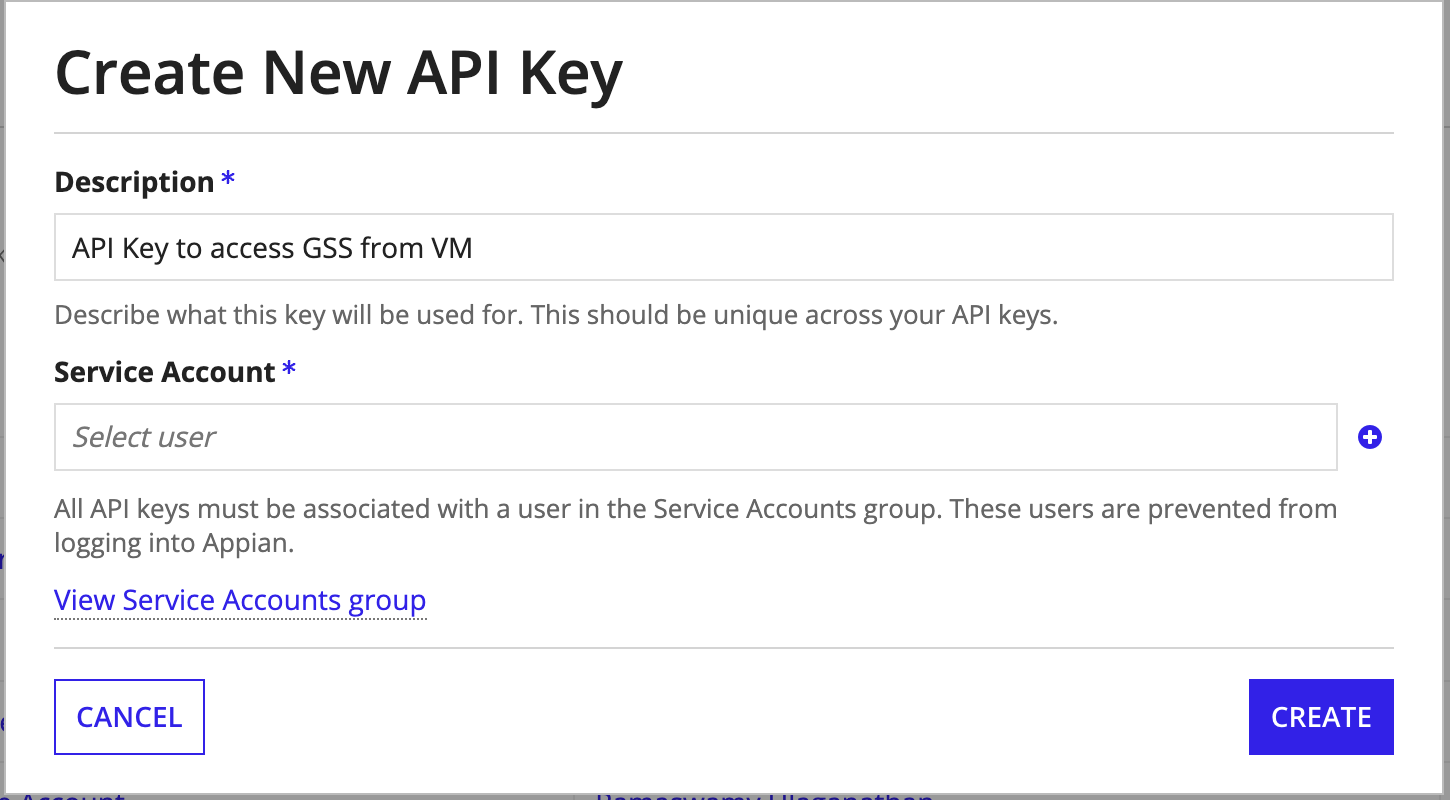 The Create New API Key dialog in the Admin Console's Web API Authentication page, with the CREATE button highlighted to generate a new API key for the GSS integration.