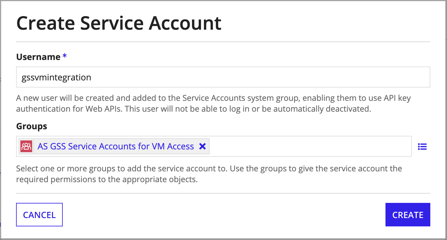 The Create Service Account dialog with the Username field set to gssvmintegration.