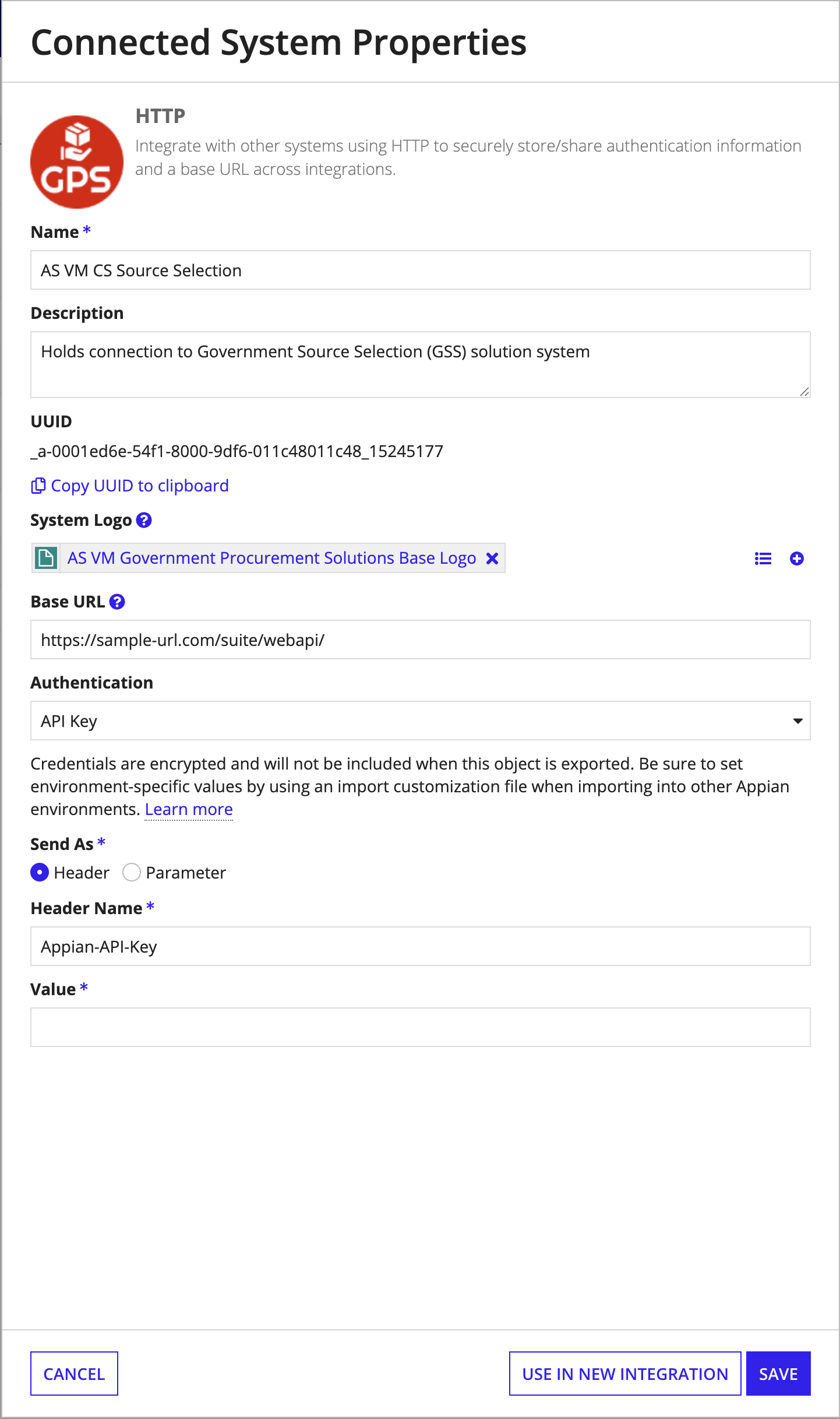 The Source Selection connected system configuration page showing the Value field for the API key and the Base URL field for the Government Source Selection environment.