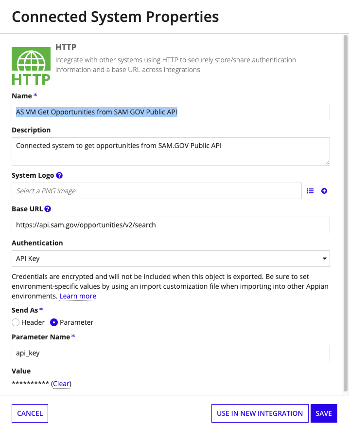 The AS VM Get Opportunities from SAM GOV Public API connected system configuration page showing the Value field for the API key.