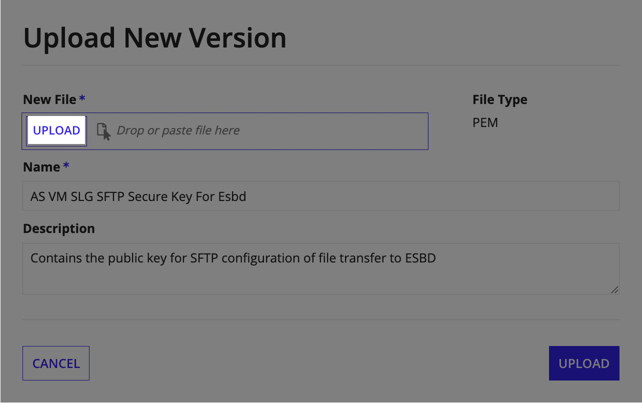 The Upload New Version dialog with the UPLOAD button to select and upload the PEM file containing the SFTP public key.
