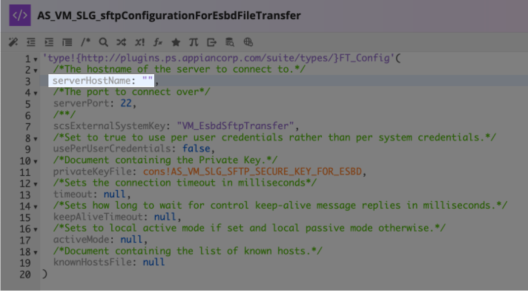 The expression rule for updating SFTP hostname showing the serverHostName key where the SFTP hostname is entered.