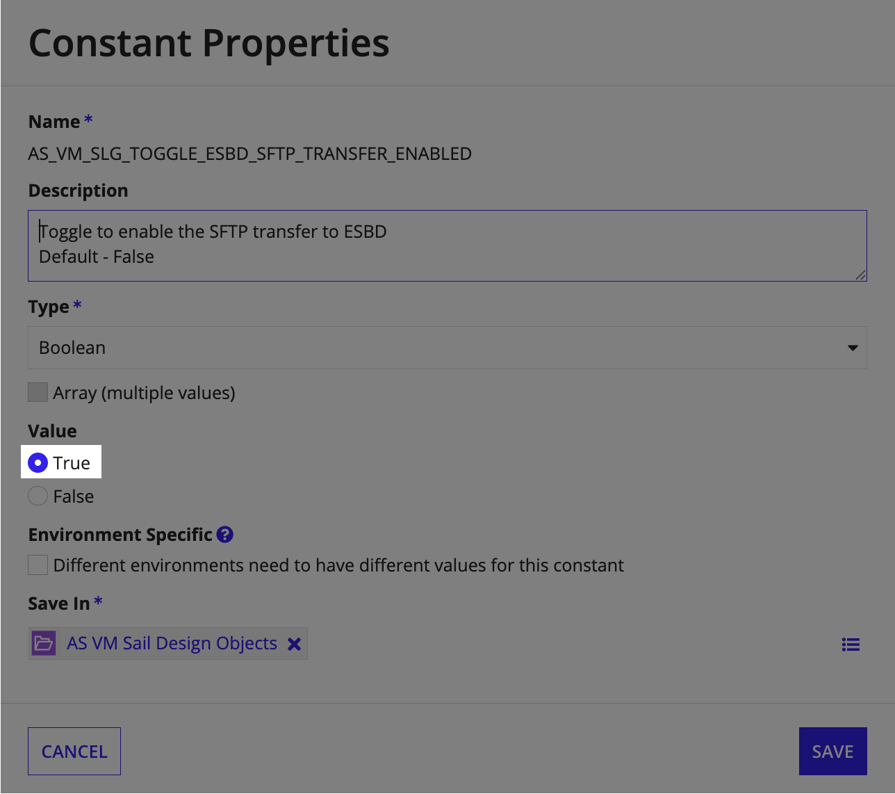 The constant in Appian Designer for enabling SFTP toggle with the Value field set to True.