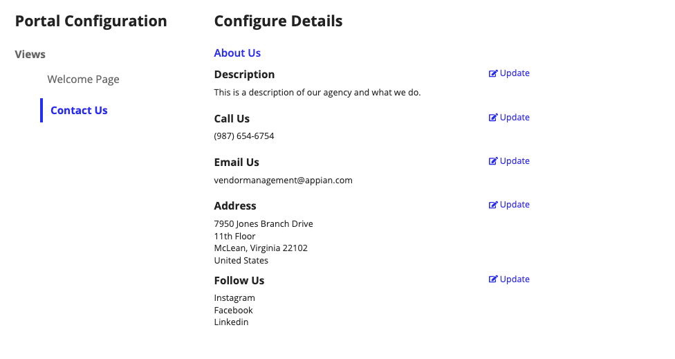 The Contact Us configuration tab with editable fields for description, phone number, email, address, and social media links.