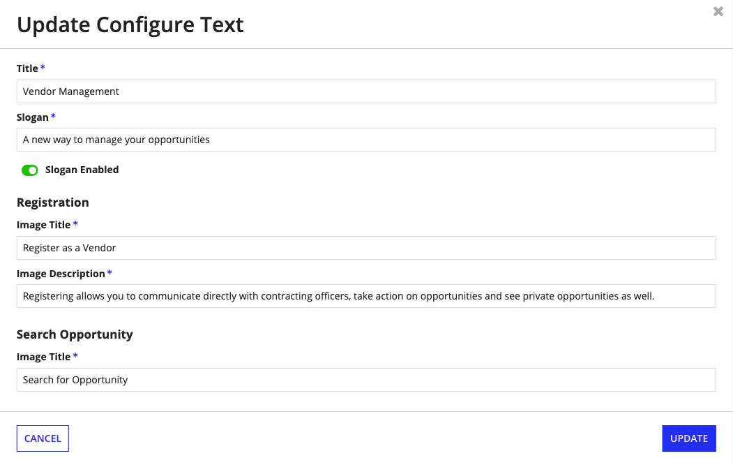 The Welcome Page configuration form with editable fields for Title, Slogan, Registration prompt, and Search Opportunity prompt.
