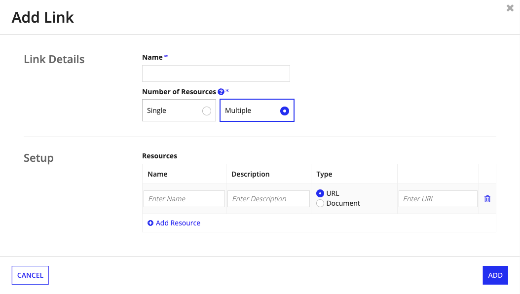 The Add Footer Link form with fields for Link Details including Name, Number of Resources, and Setup options for URL or Document resources.
