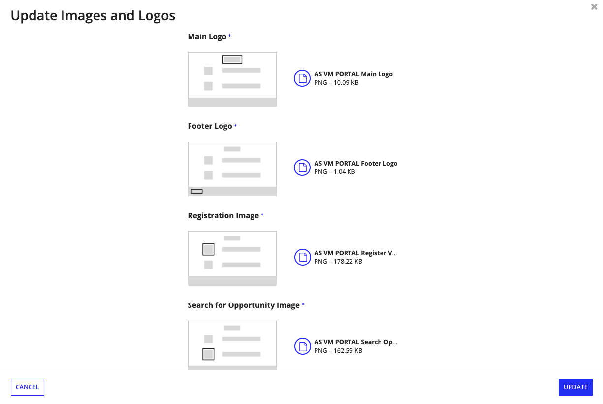 The images and logos configuration section of the Welcome Page with options to upload custom logos and background images for the portal.