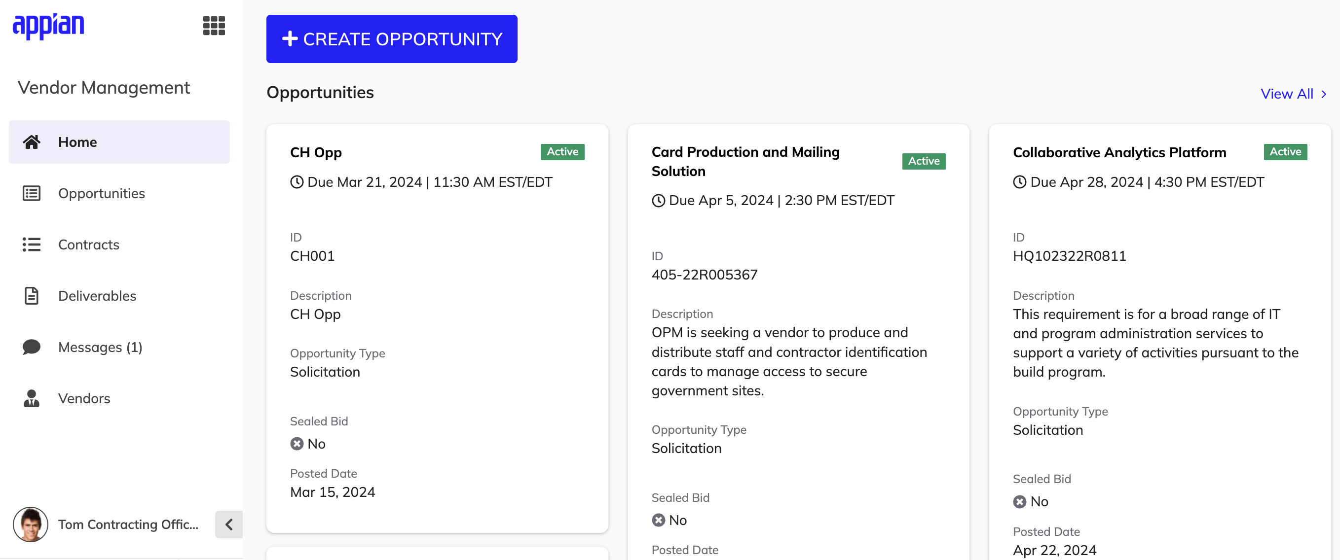 The Vendor Management Home page showing the CREATE OPPORTUNITY button and opportunity cards for active and draft opportunities.