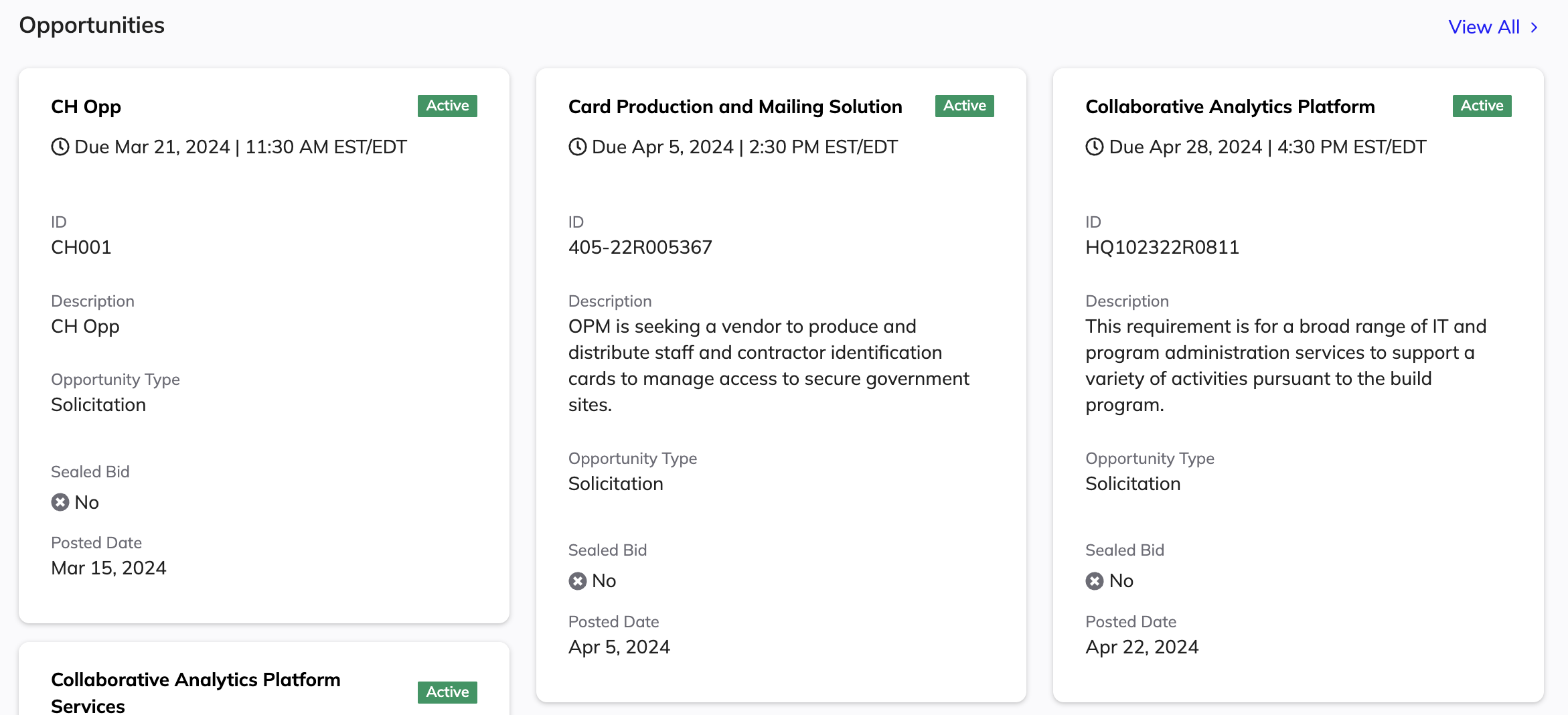 Opportunity cards on the Home page displaying the opportunity name, status, due date, ID, description, type, and posted date for each opportunity.