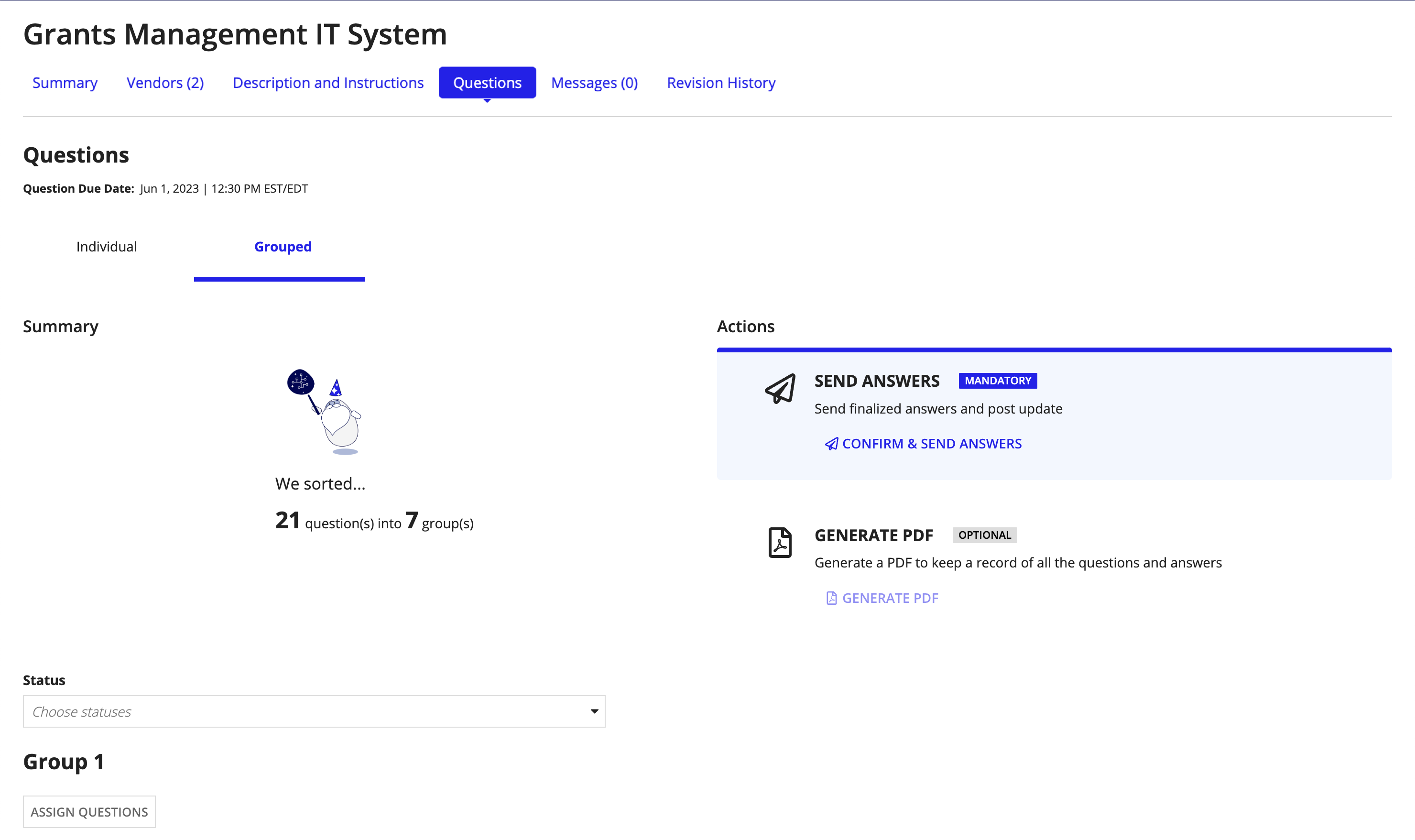 The Questions tab of an opportunity showing vendor-submitted questions automatically grouped by topic using AI, with options to respond or post updates.