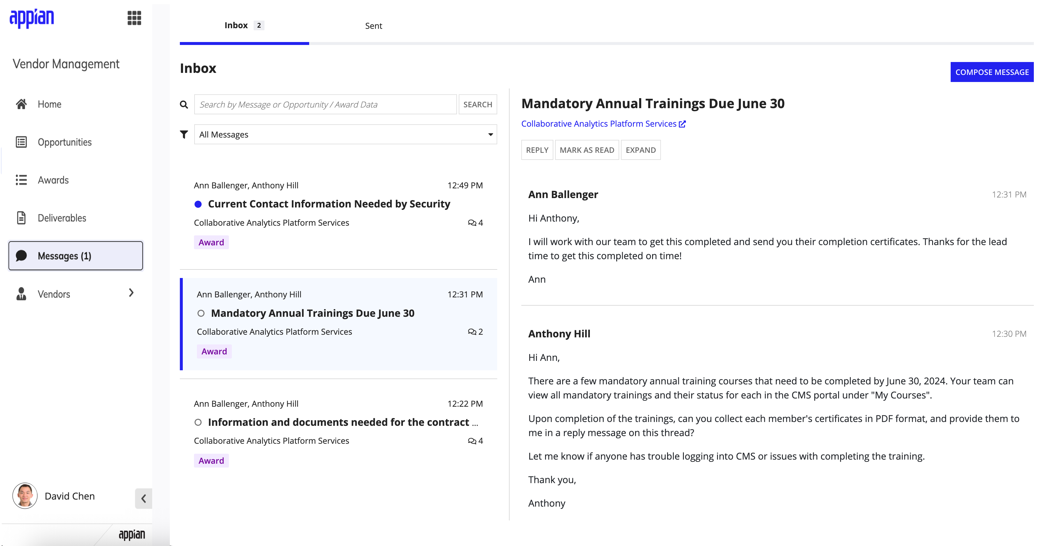 The Messaging and Inbox view showing a list of message threads between contracting professionals and vendors, with AI-generated sentiment tags and urgency indicators.
