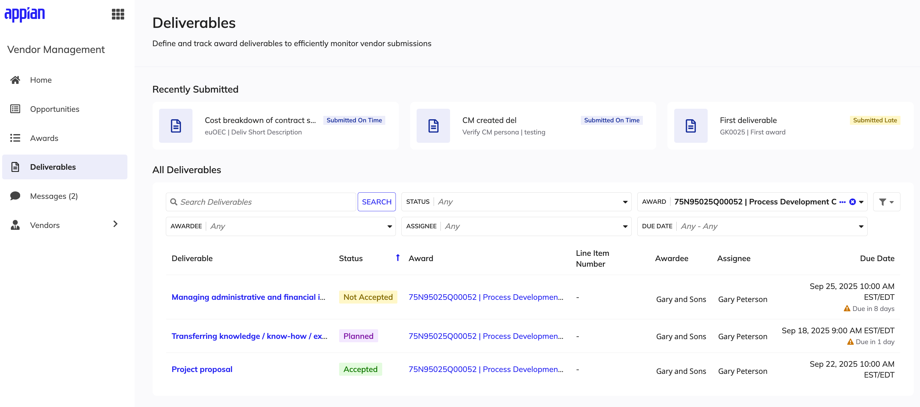 The Deliverables tab showing a list of one-time and recurring contract deliverables with columns for due date, assignee, reviewer, and submission status.