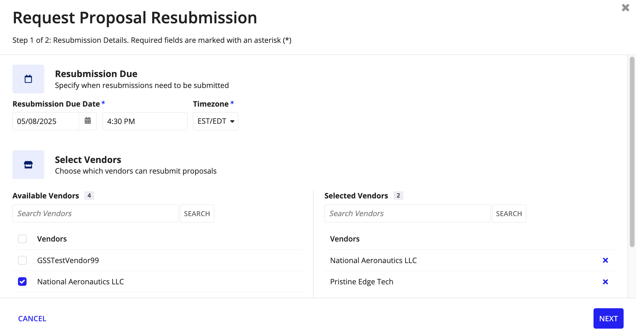 The Request Proposal Resubmission dialog showing fields for selecting a vendor, specifying the reason for resubmission, and setting a new submission deadline.