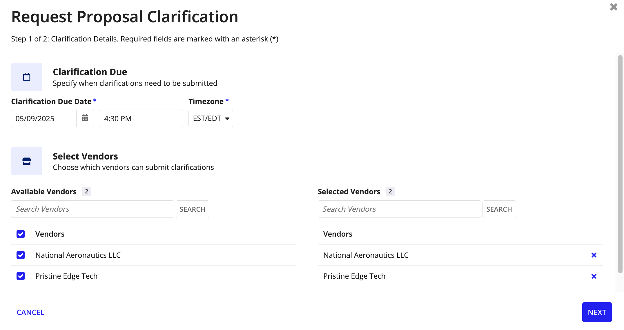 The Request Proposal Clarification dialog for a sealed bid opportunity that enables the contracting officer to send targeted clarification requests to specific vendors.