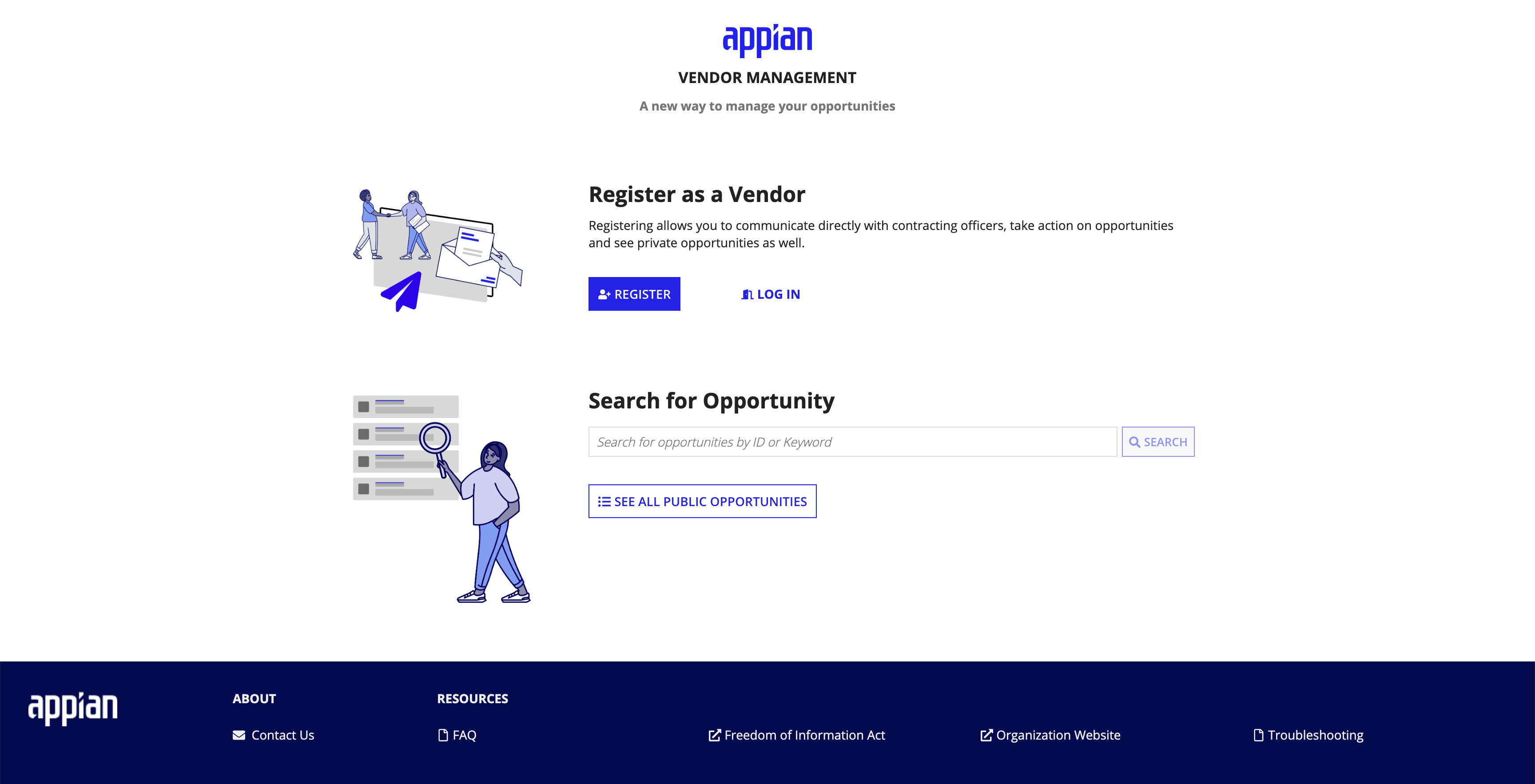 The public-facing Vendor Portal landing page where vendors can view open opportunities, register an account, and log in to submit proposals.