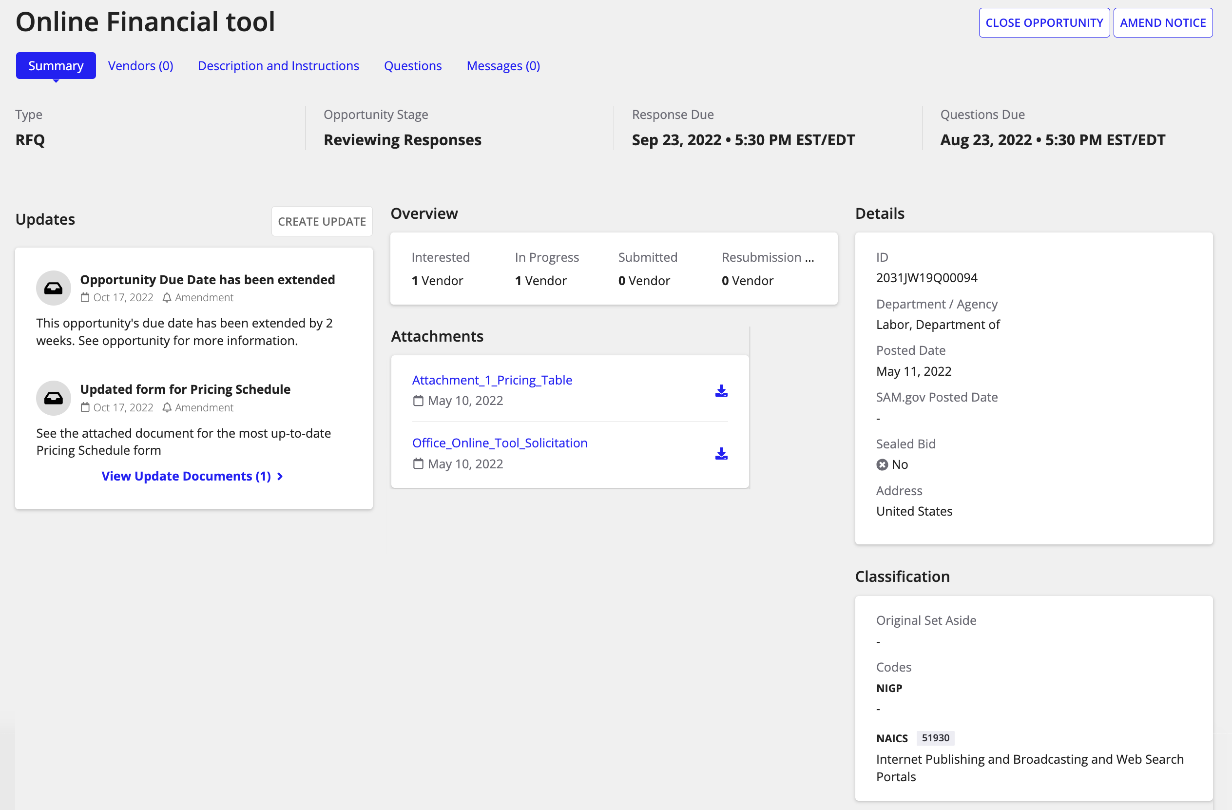 The Opportunity Summary page consolidating opportunity details, notices, documents, vendor questions, proposals, and messages into a single view.