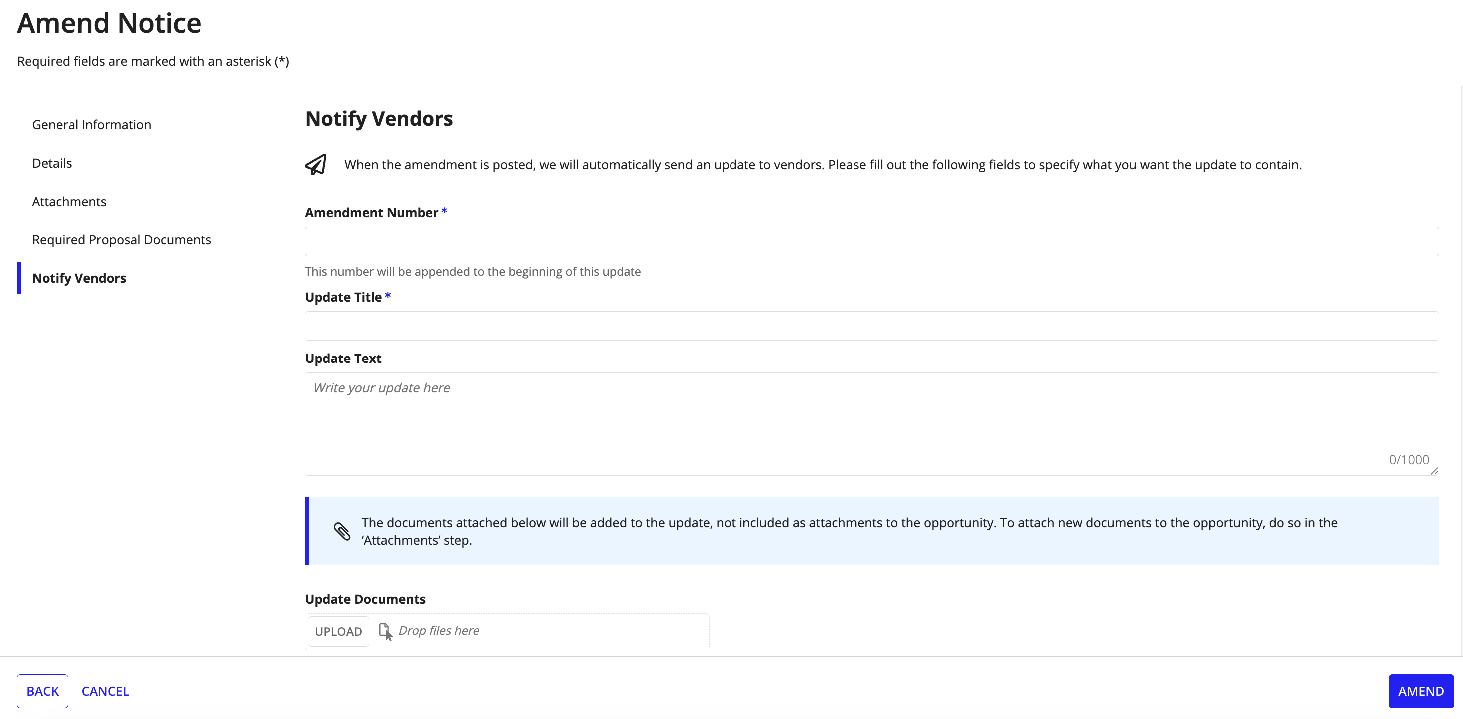 The Amend Notice dialog showing options to notify interested vendors about changes to the opportunity, with a preview of the update details.