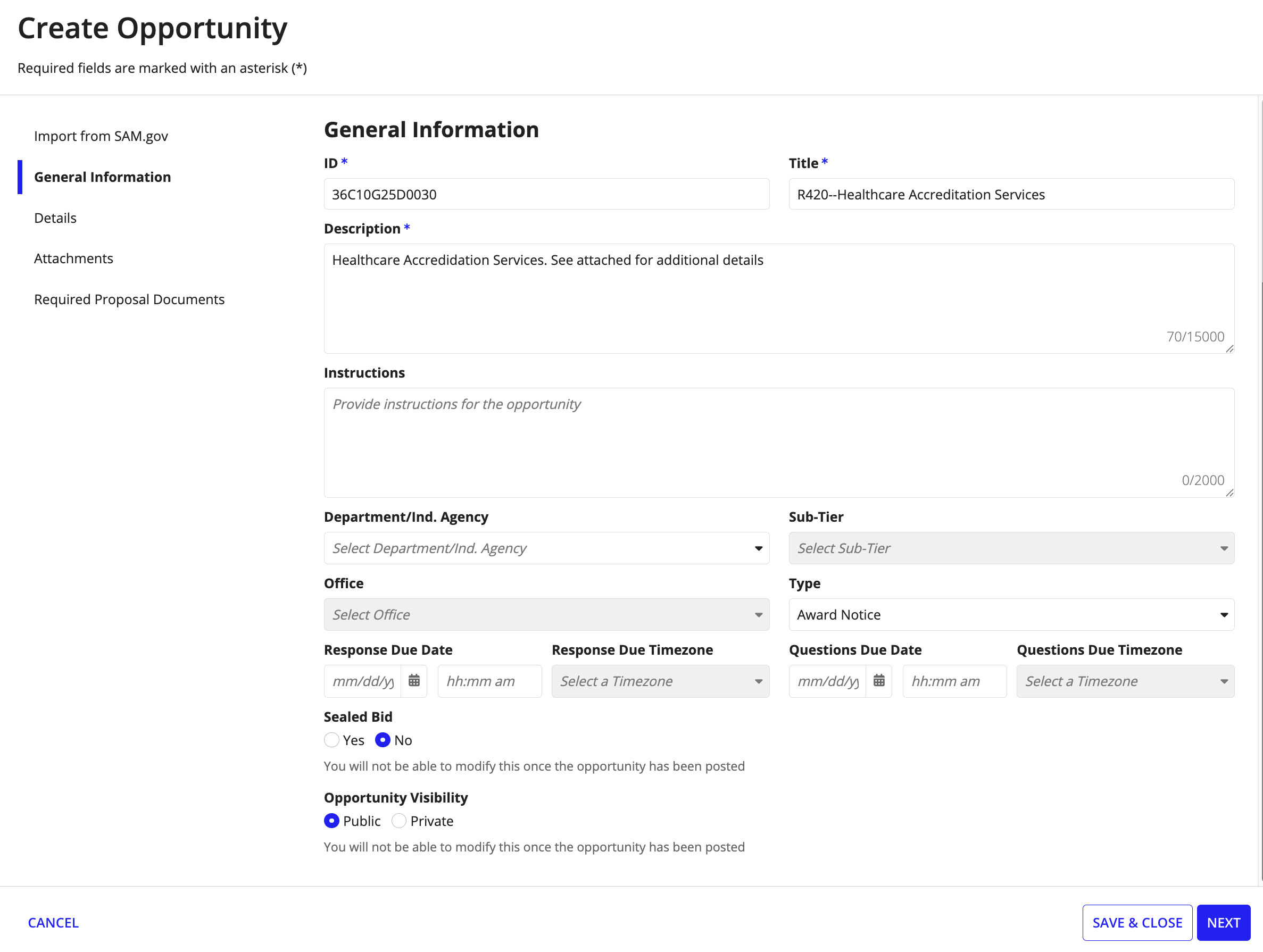 The Create Opportunity wizard showing the General Information step with fields for opportunity title, description, type, and due dates.