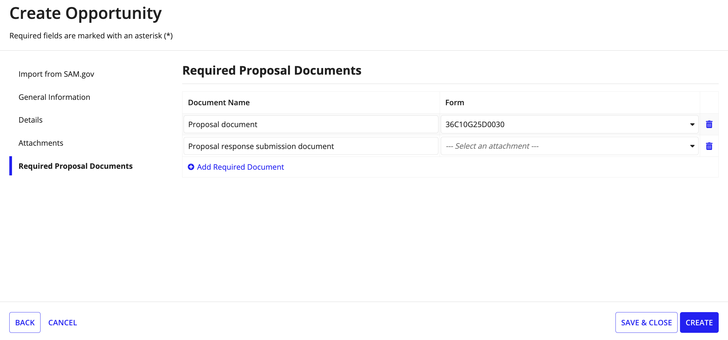 The Required Proposal Documents step of the Create Opportunity wizard showing a list of document types vendors must include with their proposals, such as technical specifications and pricing sheets.