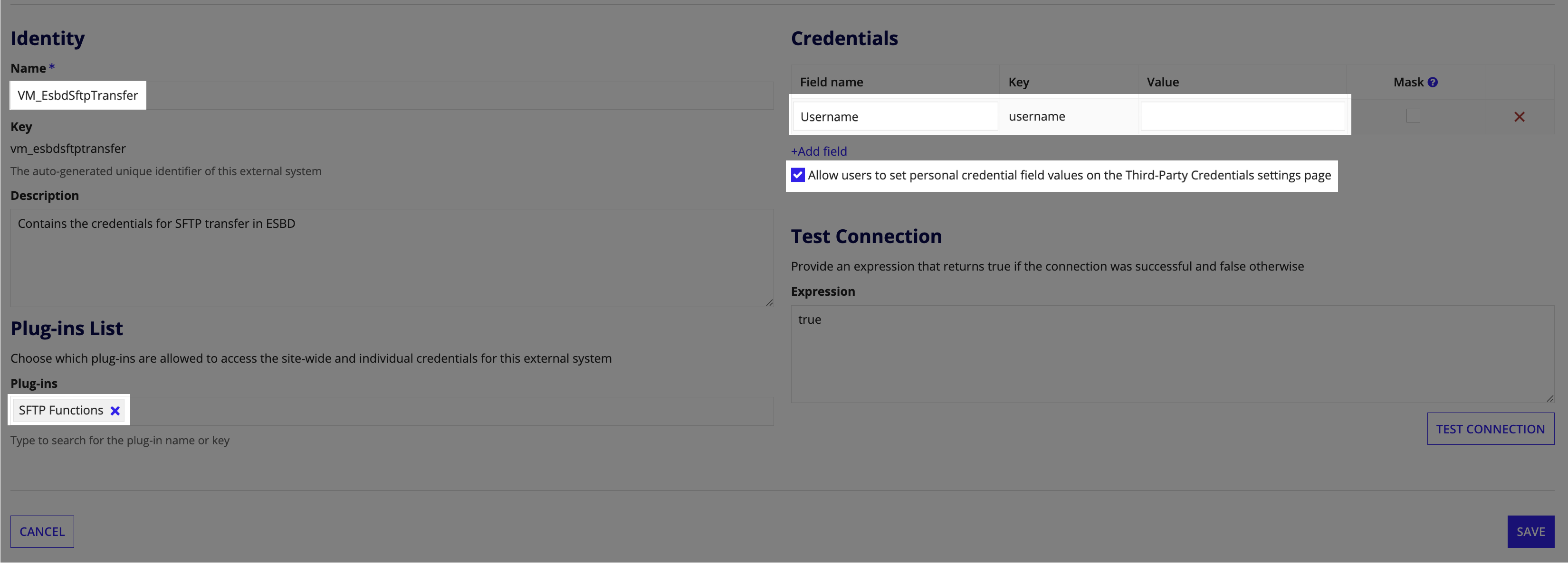 The Create Third-Party Credentials page in the Admin Console showing the Identity, Plug-ins List, and Credentials sections configured for SFTP file transfer.
