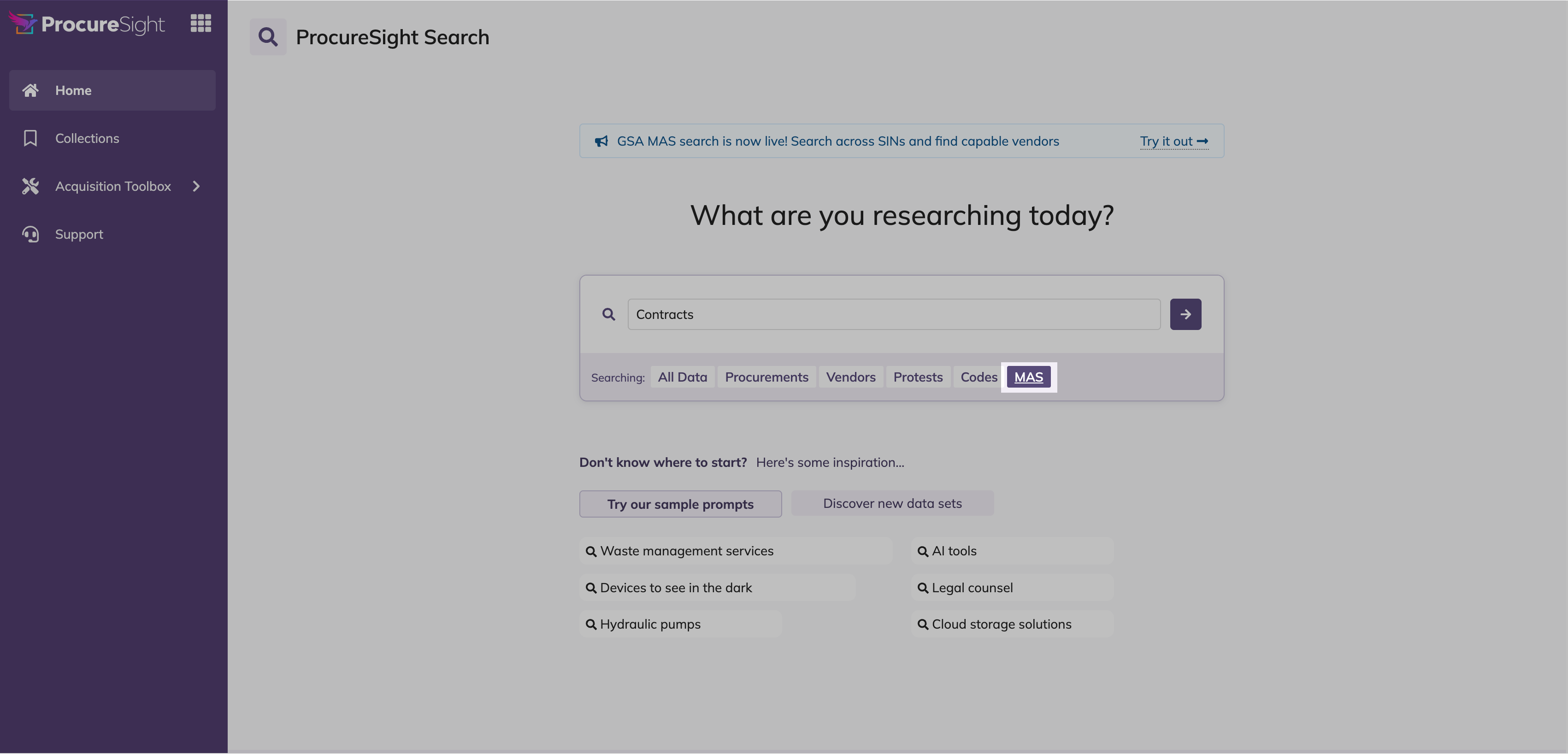 Search bar with a natural language requirement description entered and the GSA MAS dataset selected