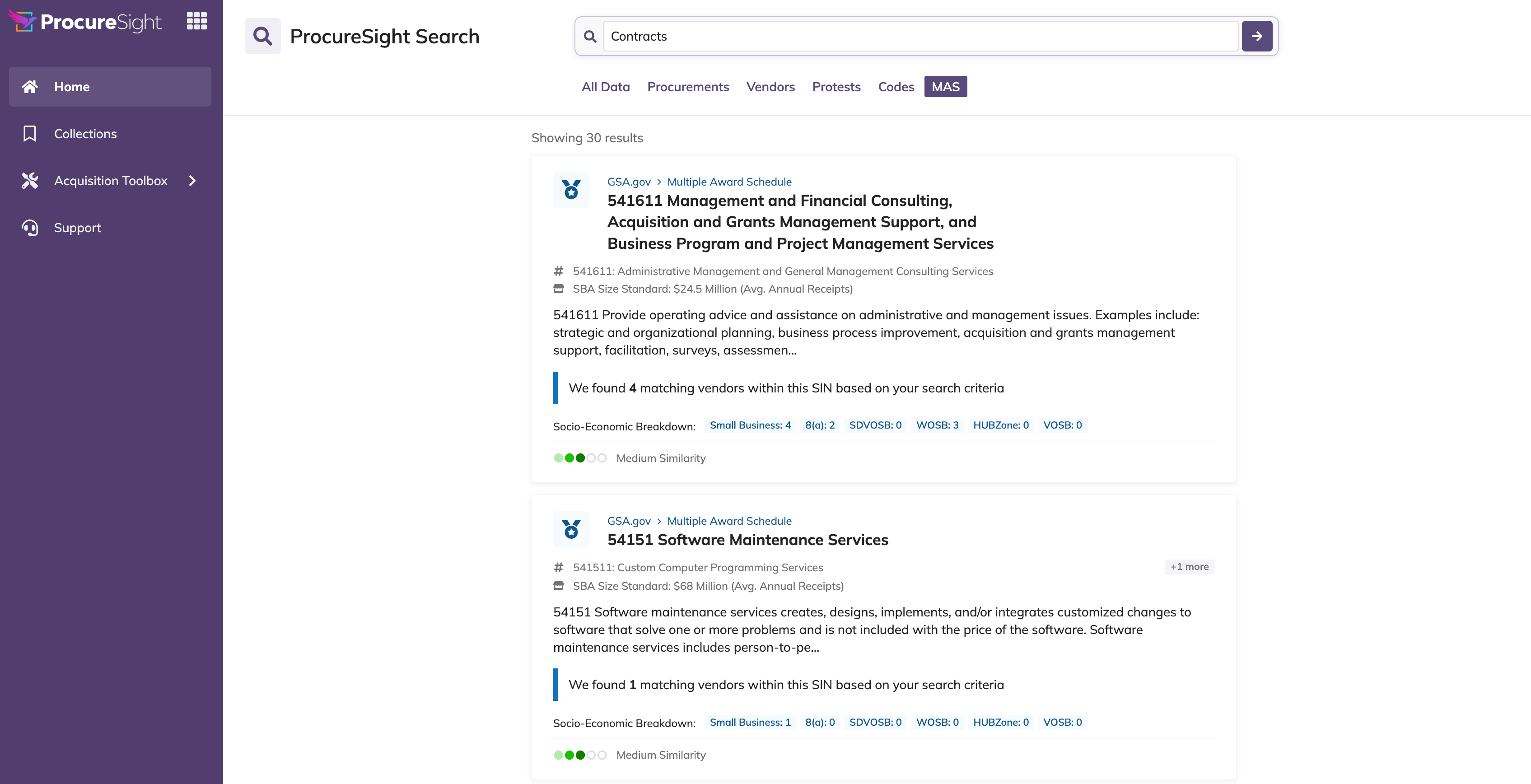 GSA MAS search results displaying SIN cards grouped by Special Item Number